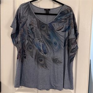 Short Sleeve Blue Feather Print Top- 2X